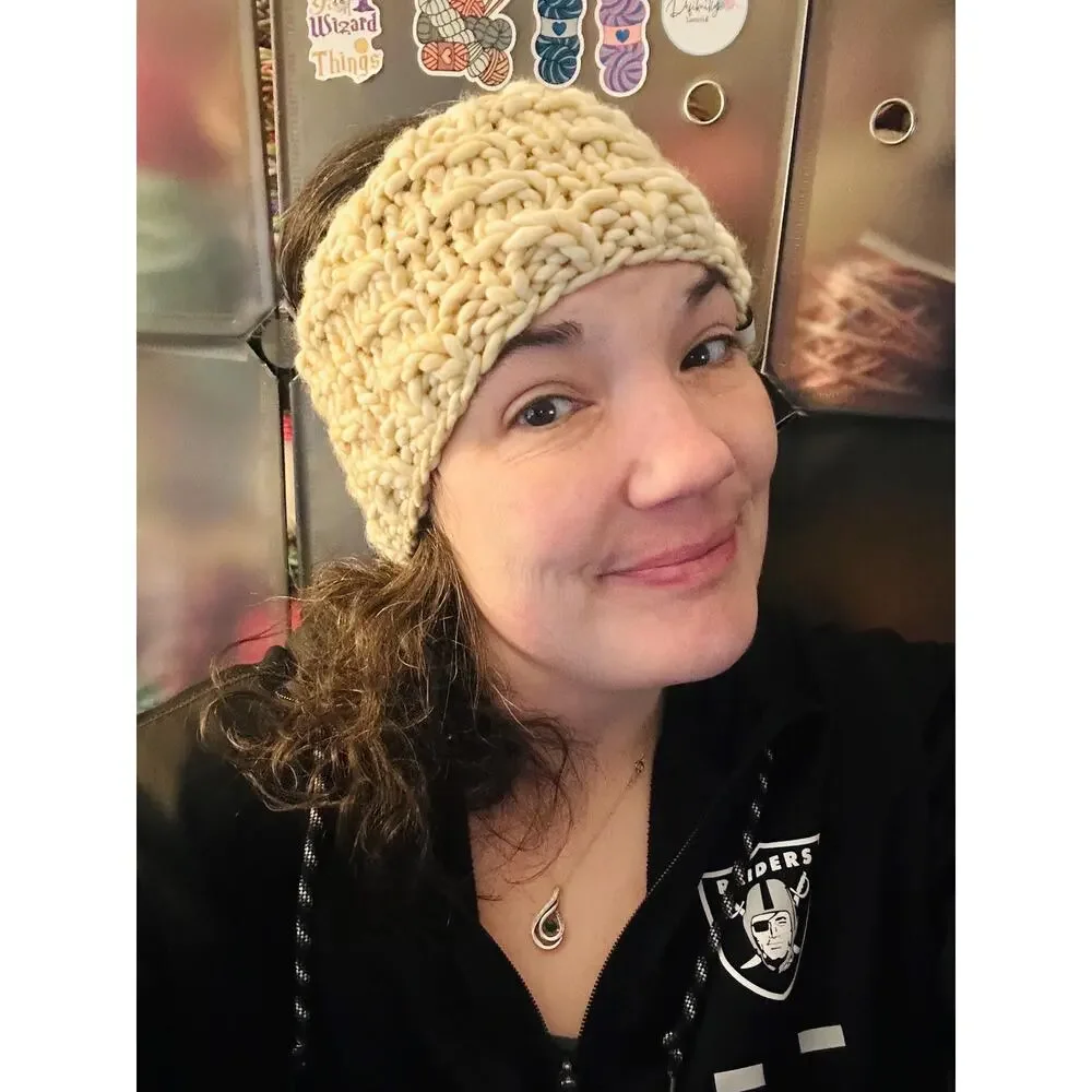 Hand Knit Merino Wool Headband - Lean On Me Design - Ivory Merino Wool